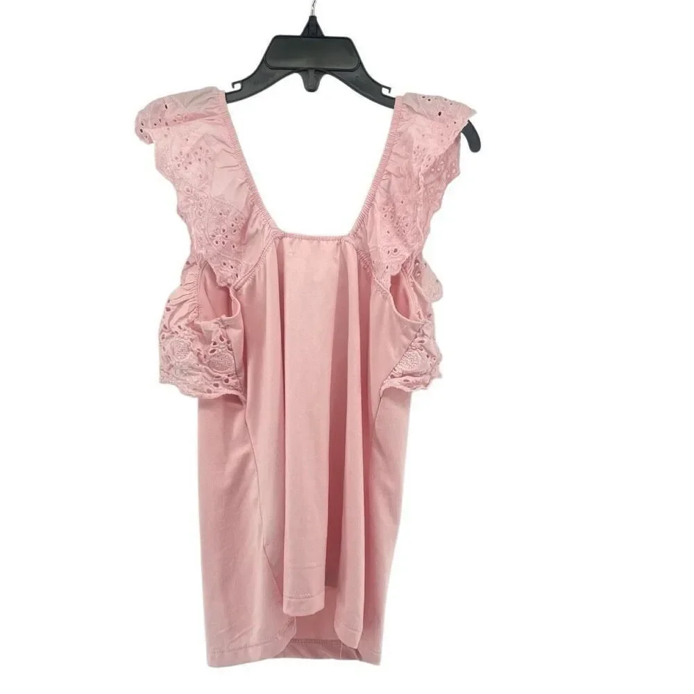 Poof Girl Pink Eyelet Ruffle Trim Sleeveless Cotton Blend Top - Small